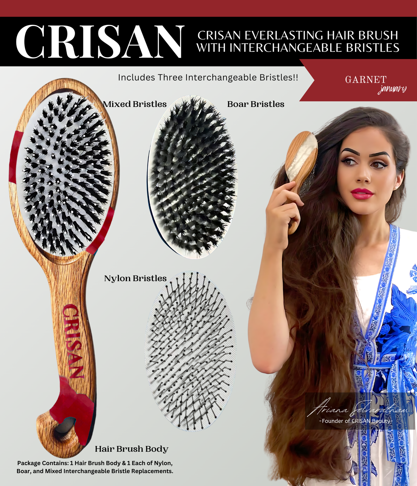 Eternal White CRISAN Everlasting Hair Brush with Interchangeable Bristles - April