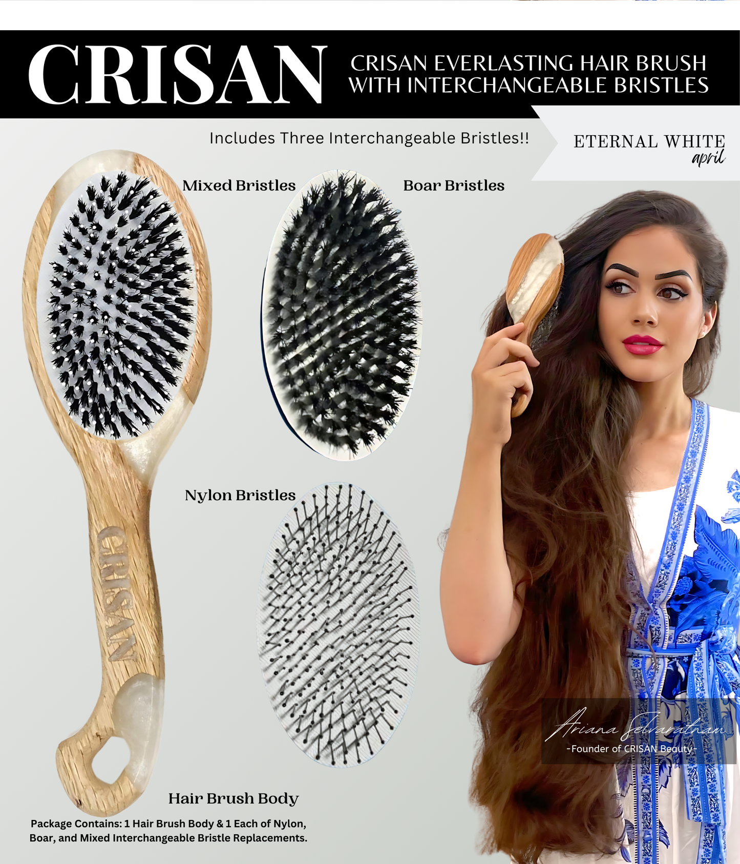 Eternal White CRISAN Everlasting Hair Brush with Interchangeable Bristles - April