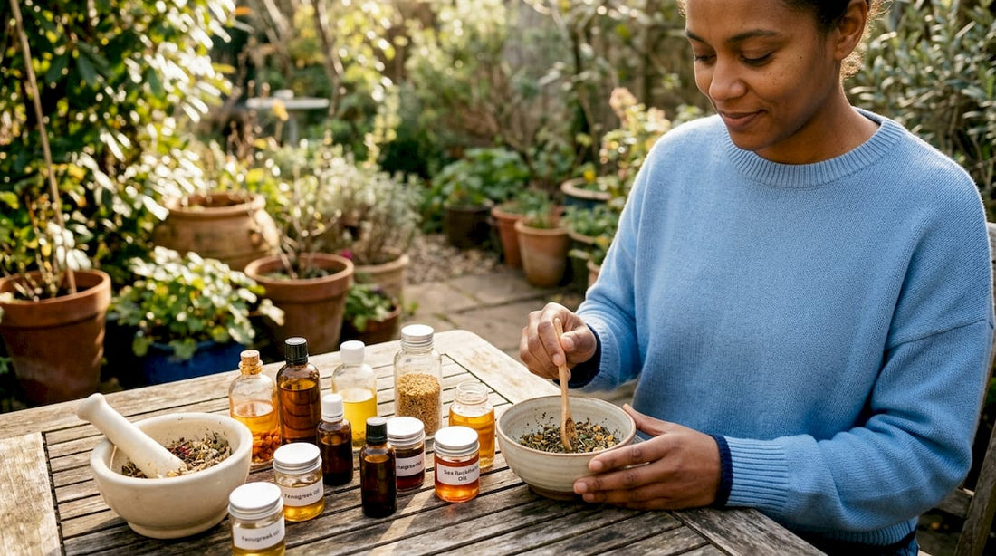 Natural plant-based scalp care ingredients on table