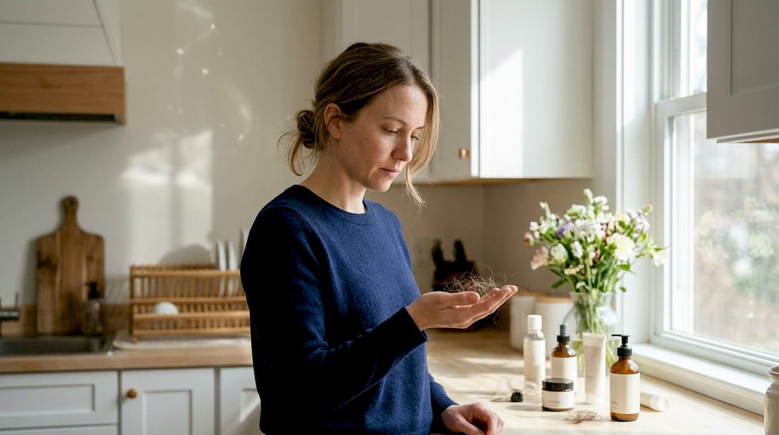 Woman examining hair loss in bedroom