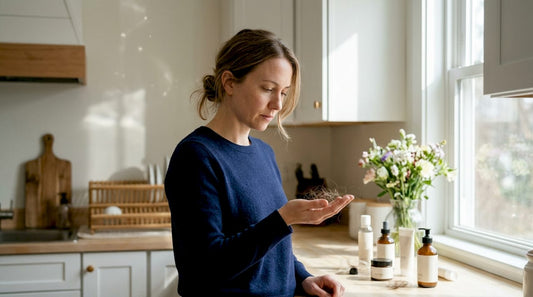 Woman examining hair loss in bedroom