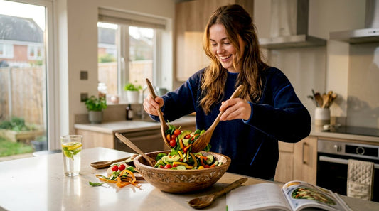 Woman preparing nutrient-rich salad for hair health
