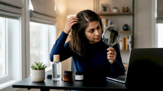 Woman examining hair thinning at crown with mirror