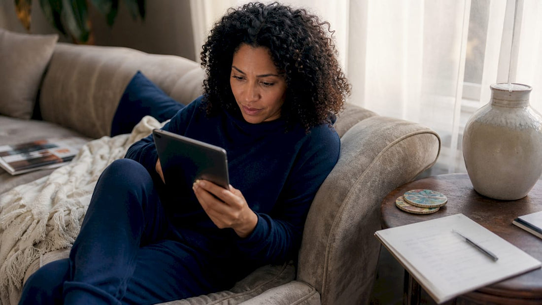 Woman researching website alternatives at kitchen table
