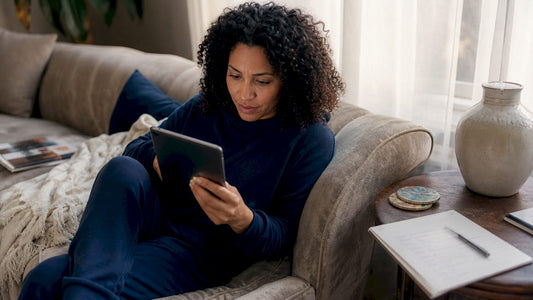 Woman researching website alternatives at kitchen table