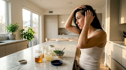 Woman applying natural scalp psoriasis remedy in bathroom