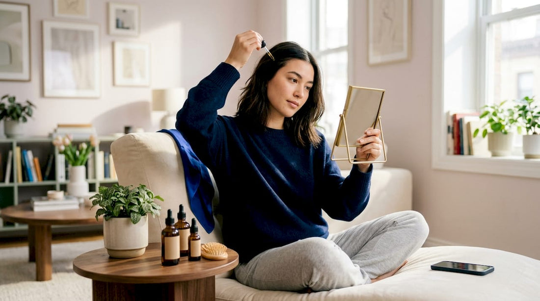 Woman applying botanical oil to scalp at home