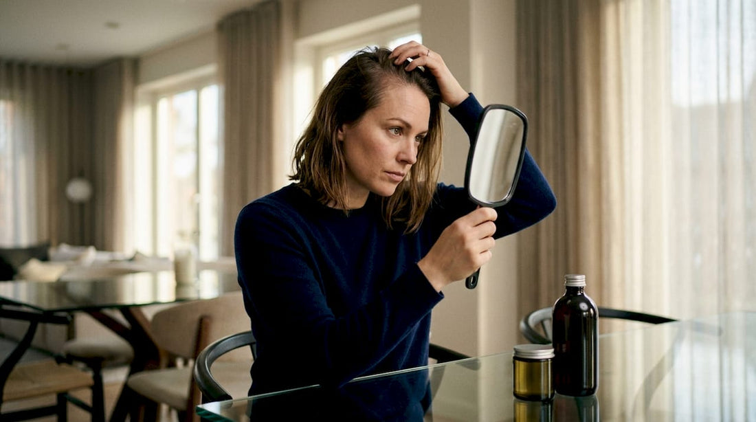 Woman inspecting thinning hair at scalp