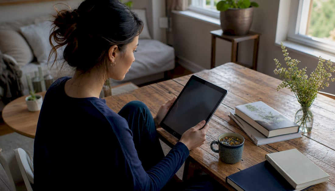 Woman researching hair supplement alternatives at kitchen table