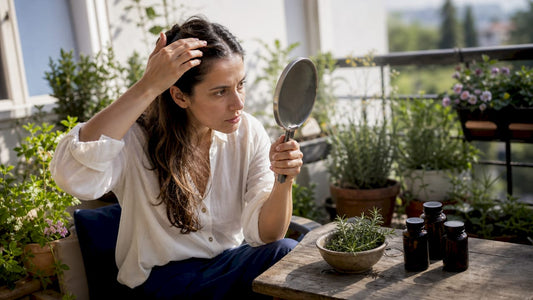 Woman examining thinning hair with magnifying mirror