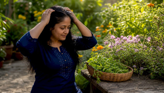 Woman applying Brahmi oil on scalp