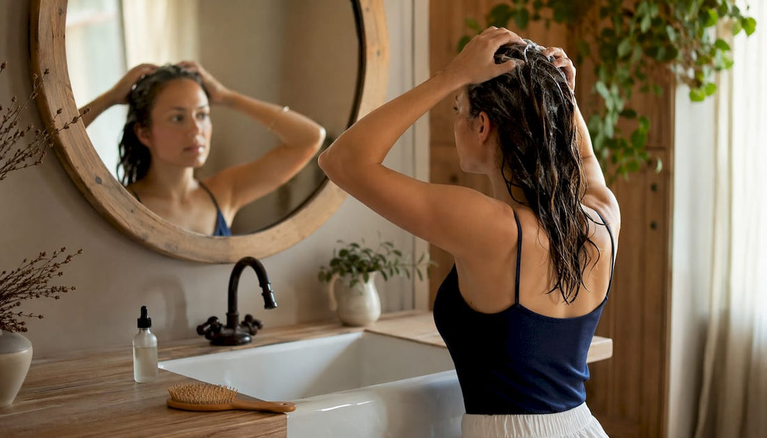 Woman massaging scalp during hair wash