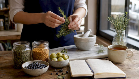 Fresh scalp nourishing herbs on wooden table with hands