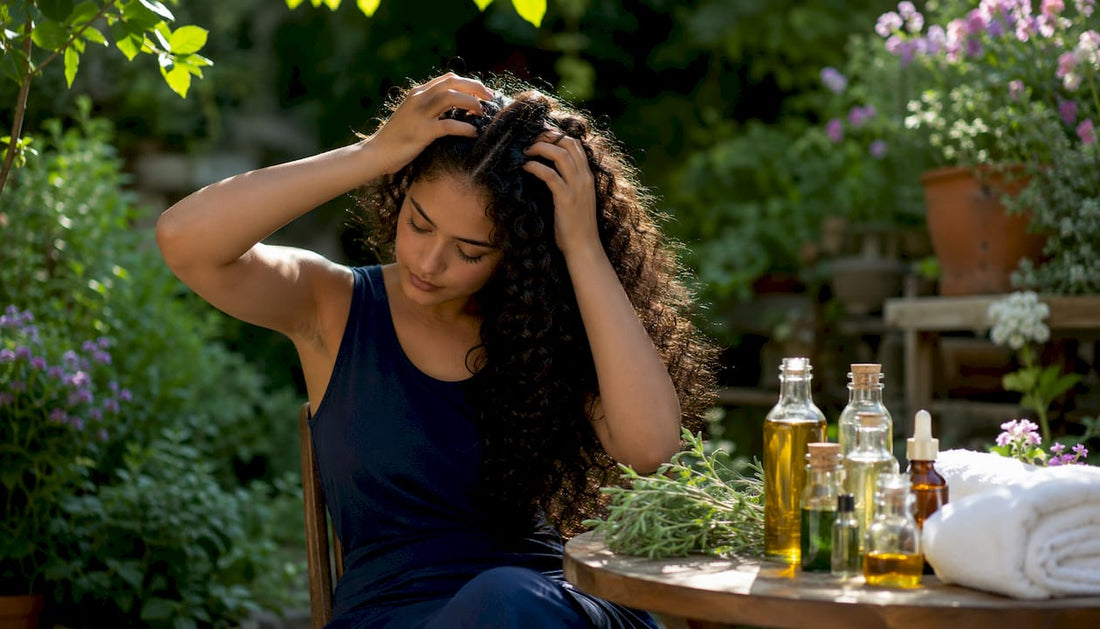 Woman applying natural hair oil in bright bathroom