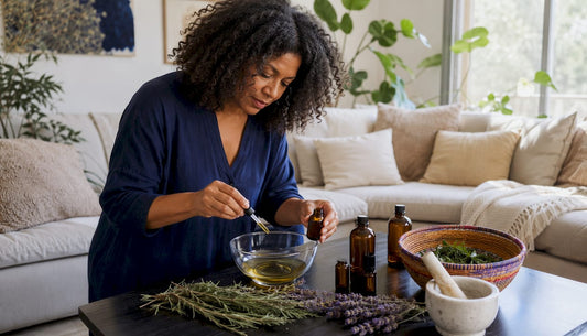 Woman preparing tea tree oil scalp treatment