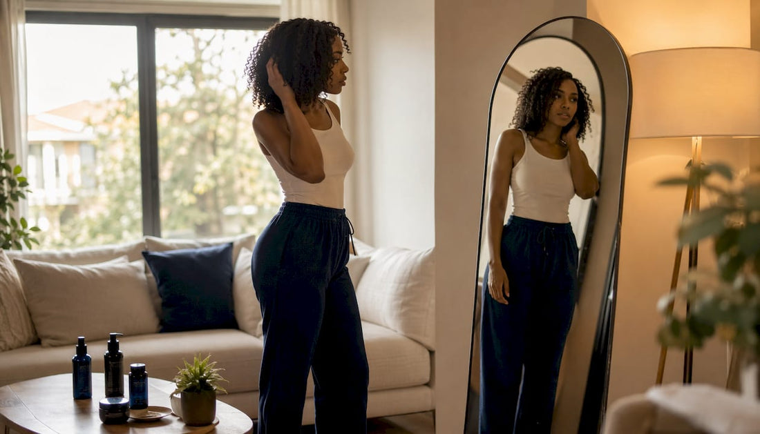 Woman examining dry hair in bathroom mirror