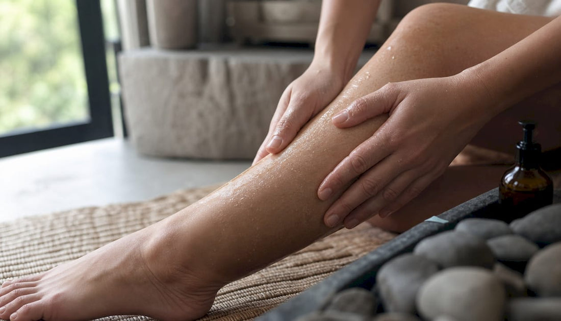 Hands applying body oil to damp skin