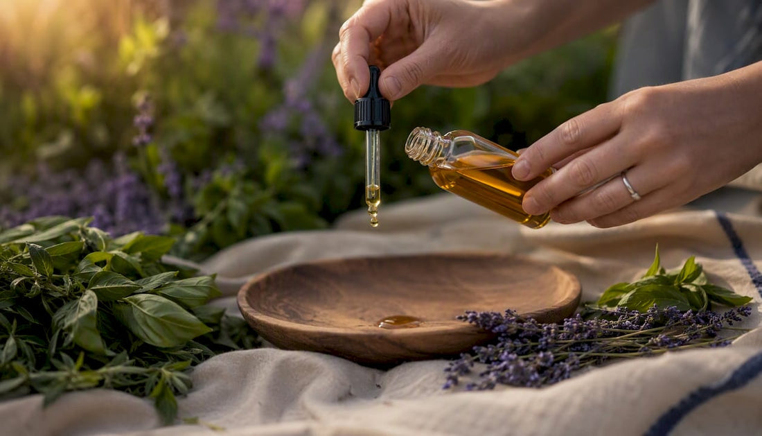 Hands pouring botanical hair oil into bowl