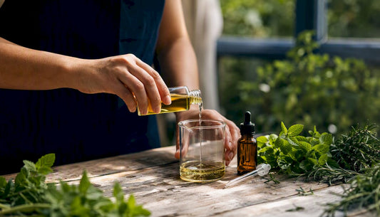 Hands pouring carrier oil for essential oil dilution