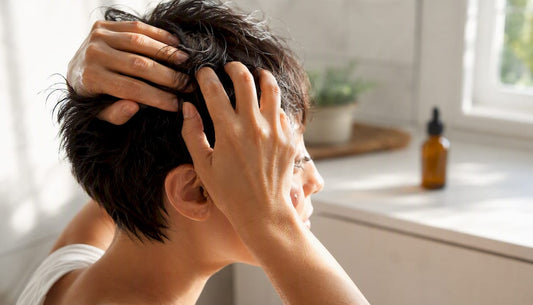 Hands massaging scalp oil in summer light