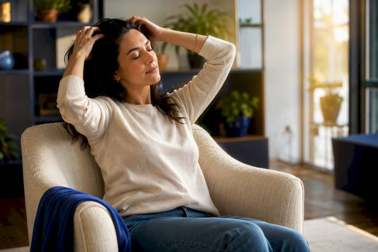 Woman massaging scalp with fingers in natural light
