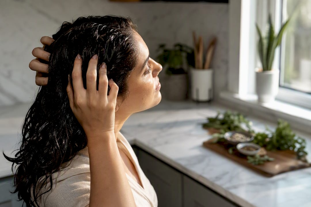 Woman massaging scalp with botanical oil