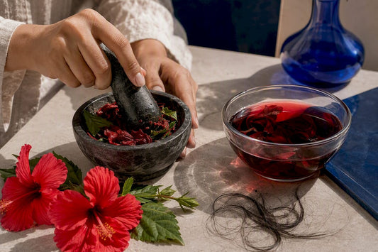 Hibiscus petals prepared for hair care