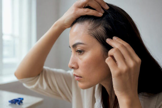 Woman examining thinning temple hair