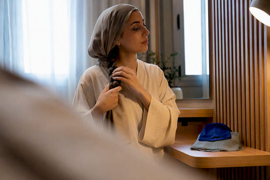 Woman preparing loose braid before wearing hijab