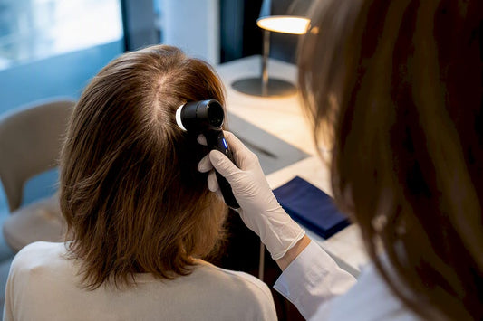 Clinician examining thinning scalp with dermatoscope