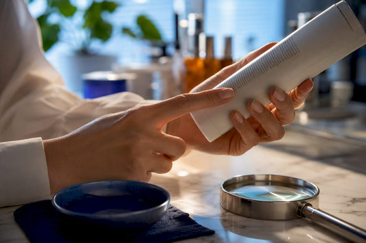 Hands inspecting a cosmetic ingredient label