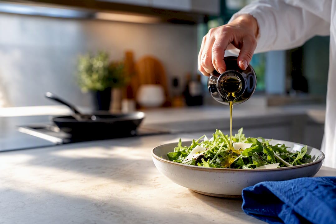 Cold-pressed oil drizzled over fresh greens