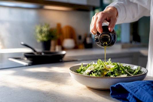 Cold-pressed oil drizzled over fresh greens