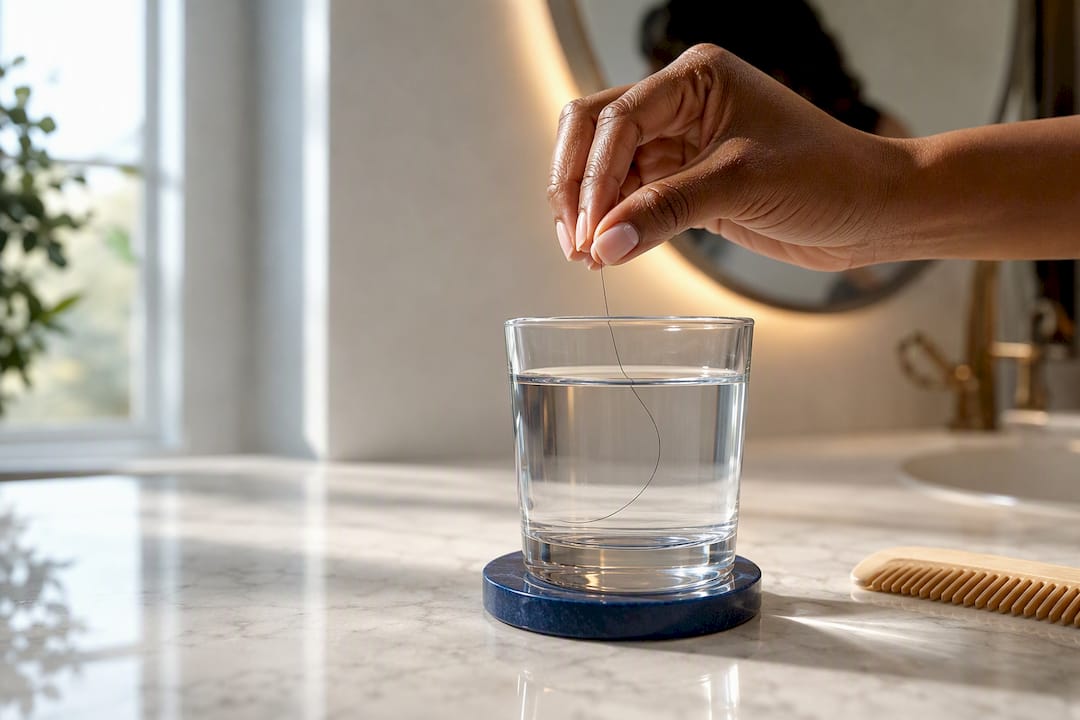 Hair strand floating in porosity test glass