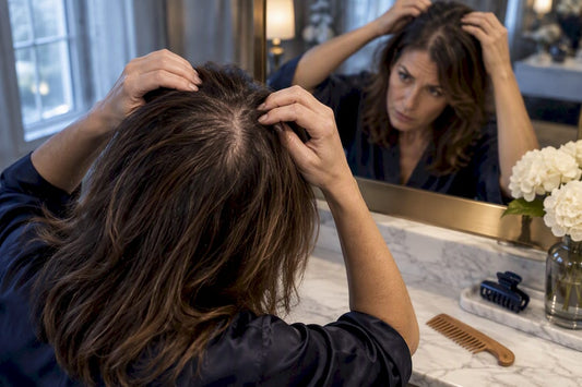 Woman examining perimenopausal crown hair thinning