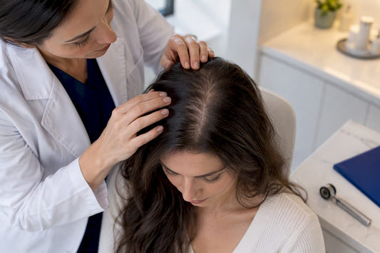 Clinician examining scalp hair thinning