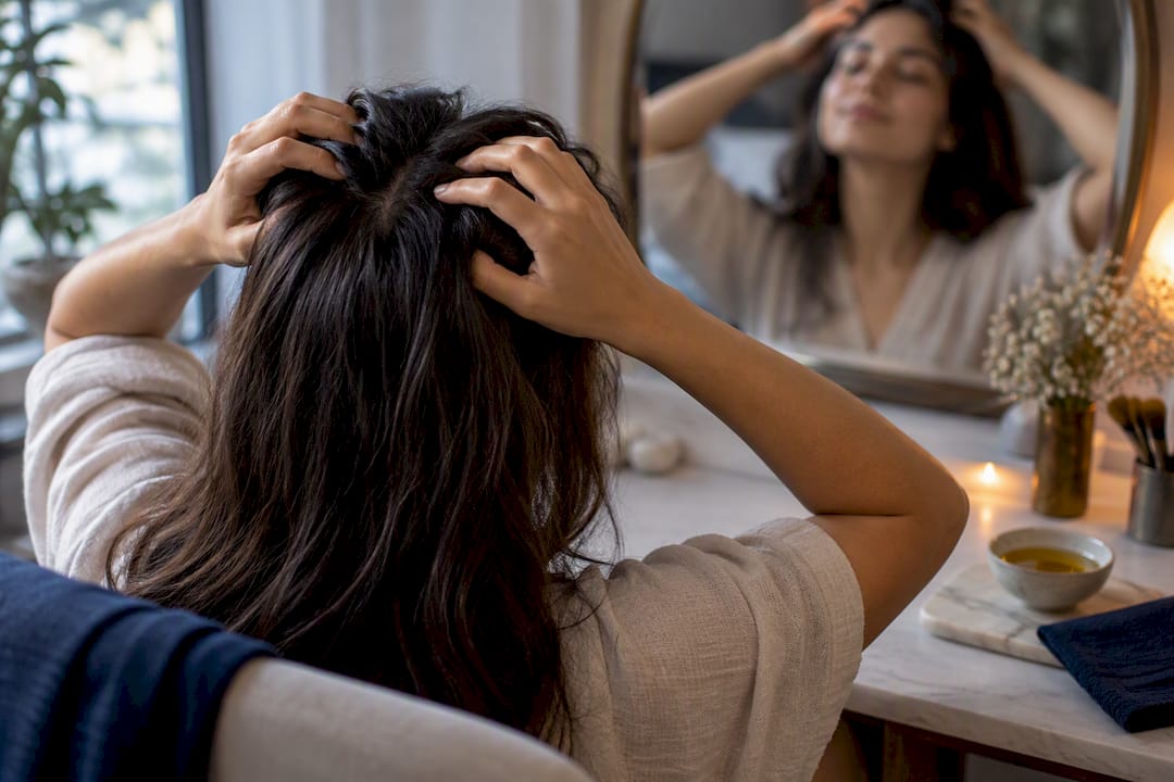 Woman performing a gentle champi scalp massage