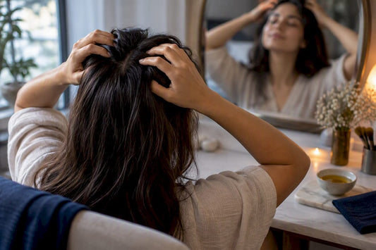 Woman performing a gentle champi scalp massage
