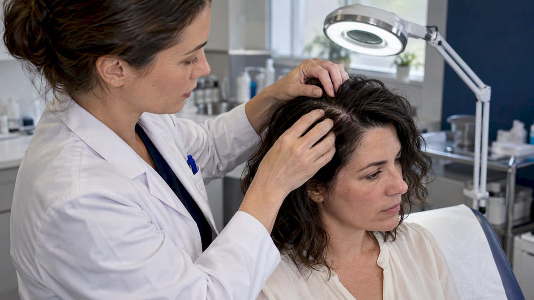 Dermatologist examining an irritated scalp