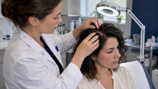 Dermatologist examining an irritated scalp