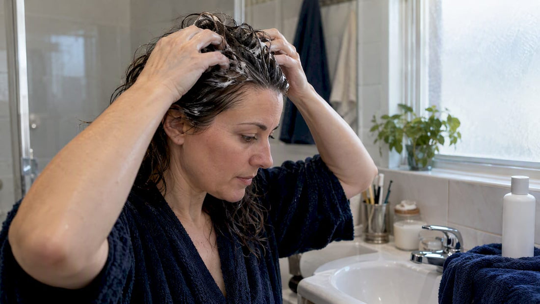 Woman shampooing scalp beside bathroom sink