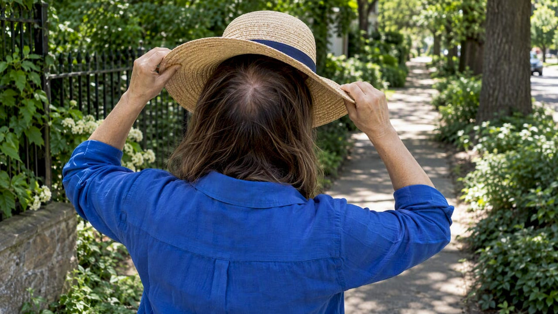 Woman protecting thinning scalp with hat