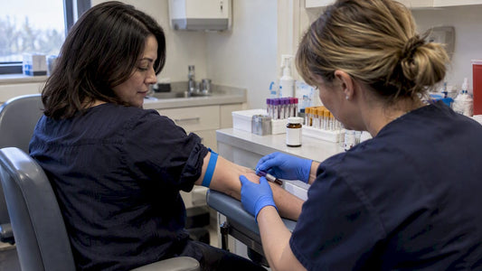 Woman having blood drawn in an outpatient lab