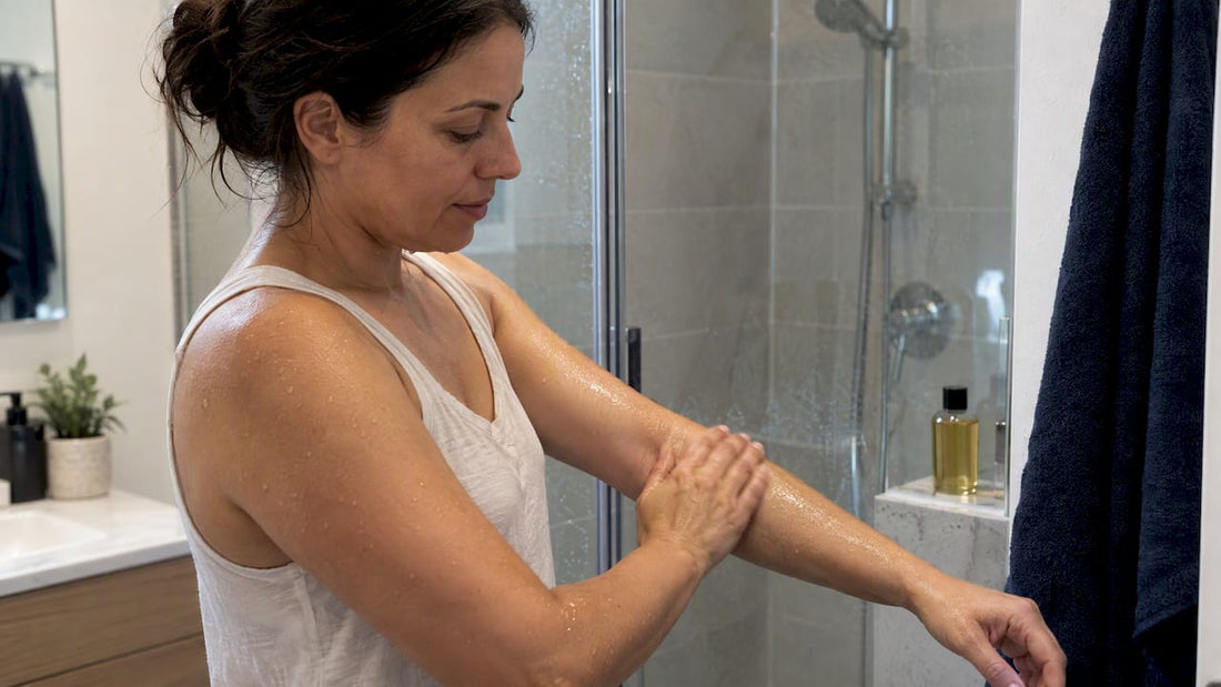 Body oil applied to damp forearm after shower
