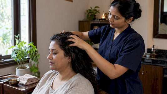 Therapist massaging oil into a client's scalp