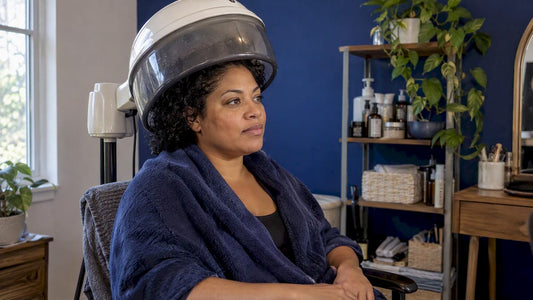 Woman steaming oiled hair at home