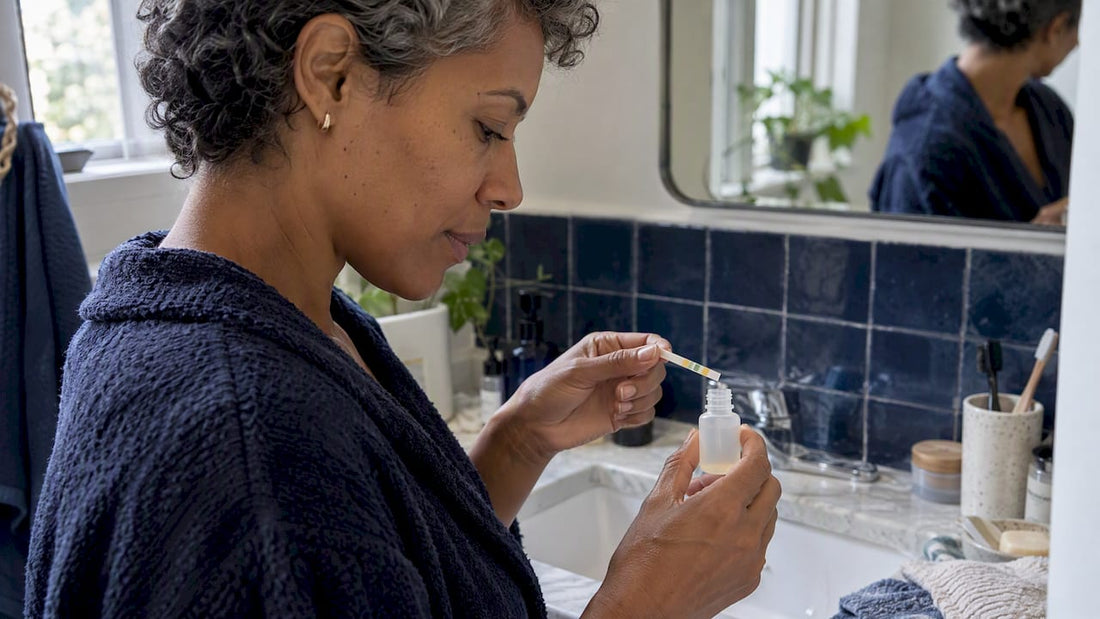 Woman checking shampoo with a pH strip