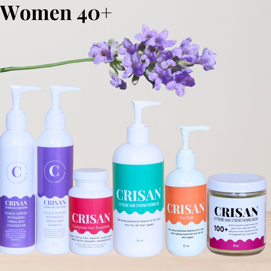 A variety of organic hair care products for women with thinning hair, displayed with natural elements like leaves and flowers.