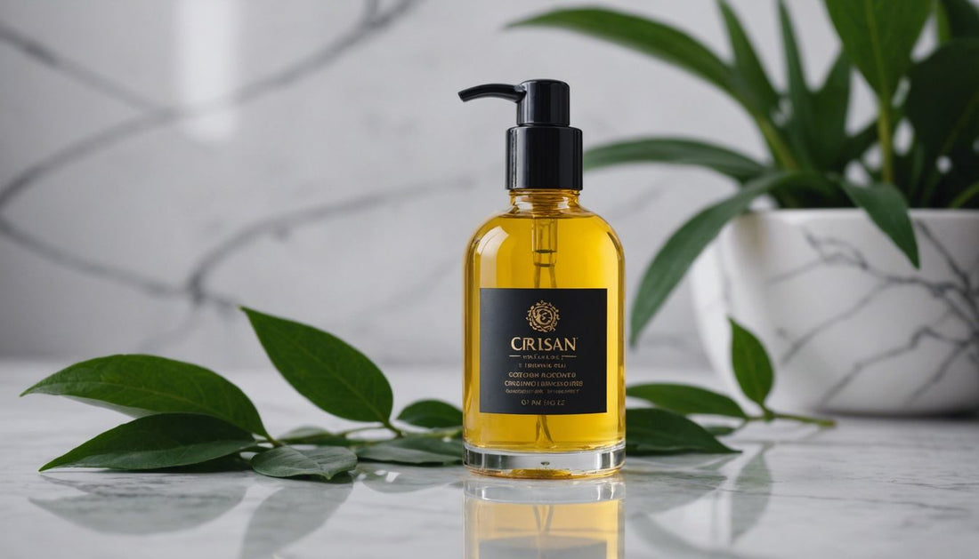 CRISAN hair growth oil bottle on a marble countertop with natural elements in the background.