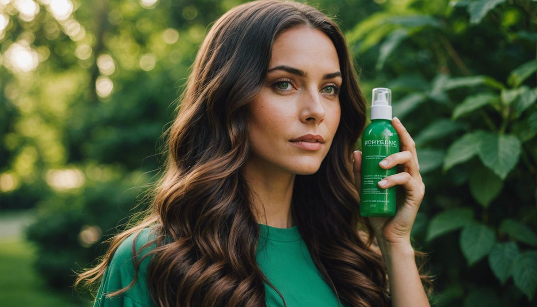 Woman with long, healthy hair holding organic conditioner bottle, green background, promoting best organic conditioner for hair growth in 2024.